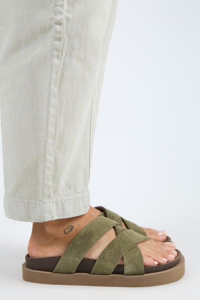 Manijero Paula Genuine Leather Khaki High Sole Slippers with Straps