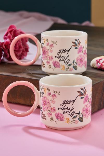 EMBazaar Pink Dreams 2-Pack Tea, Coffee Mug Flower Pattern Mug, Gift Mug, Mug with Ring Handle