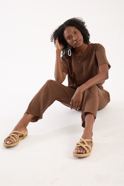 be you Kahverengi Müslin %100 Pamuk Şalvar Pantolon Kadın Günlük Bohem Tarz Rahat