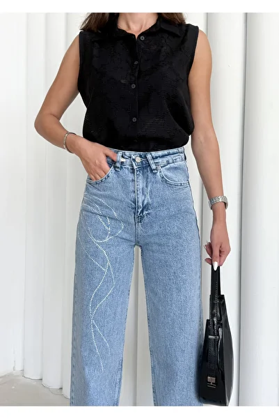 Bluezoni Women's Ice Blue Effect Shiny Stone Special Design Denim Straight Palazzo Jeans