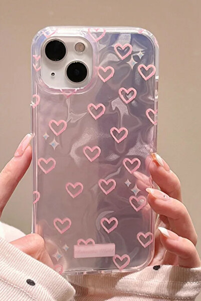 KVK PRİVACY Apple iPhone 13/14 Uyumlu Hologram Pembe Kalp Desenli Silikon Kıl...