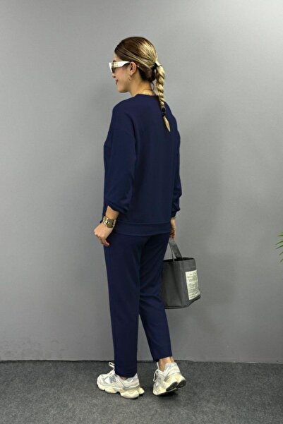 Mossta Crew Neck Viscose Two Thread Blouse Pants Double Set - Navy Blue