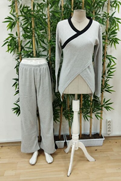 Mossta Stripe Detailed Asymmetrical Cutout Camisole Blouse Pants Two Piece Set - Gray