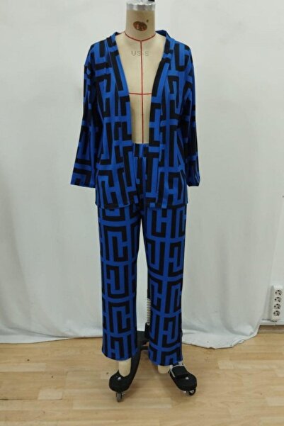 Mossta Geometric Patterned Jacket and Pants Double Set - Saks