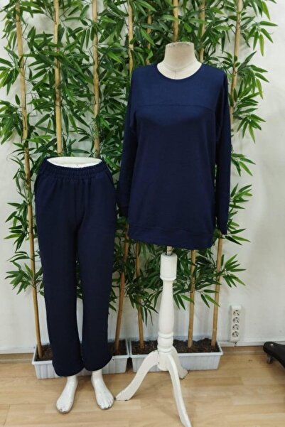 Mossta Crew Neck Viscose Two Thread Blouse Pants Double Set - Navy Blue