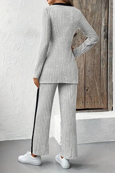 Mossta Stripe Detailed Asymmetrical Cutout Camisole Blouse Pants Two Piece Set - Gray