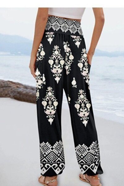 Mossta Yüksel Waist Patterned Palazo Trousers - Black