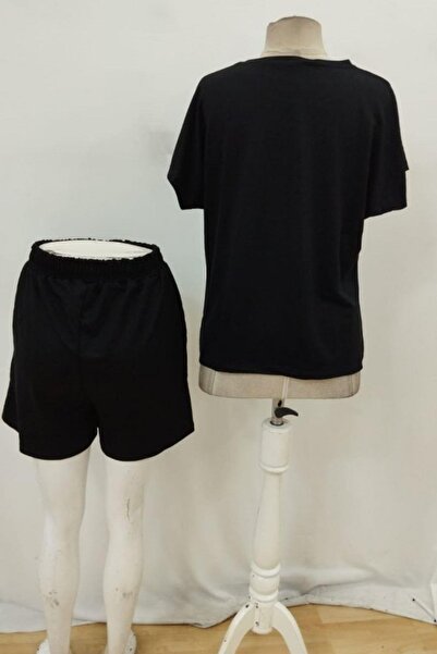 Mossta Short Sleeve Heart Printed Blouse Shorts Two Piece Set - Black