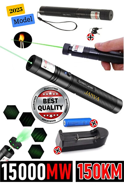 Janva Şarjlı Turbo Yeşil Lazer Pointer Kibrit Yakabilen 15000 Mv Güç 150km Green Laser