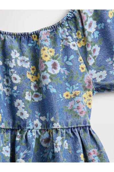 GAP Kız Çocuk Çiçek Desenli Denim Puff-Sleeve Elbise