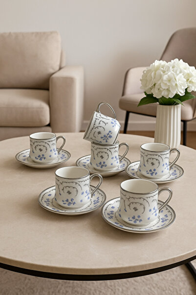 YzHome 6 Kişilik 12 Parça Beyaz Porselen Gümüş Kahve Fincan Takımı Seti 90ml