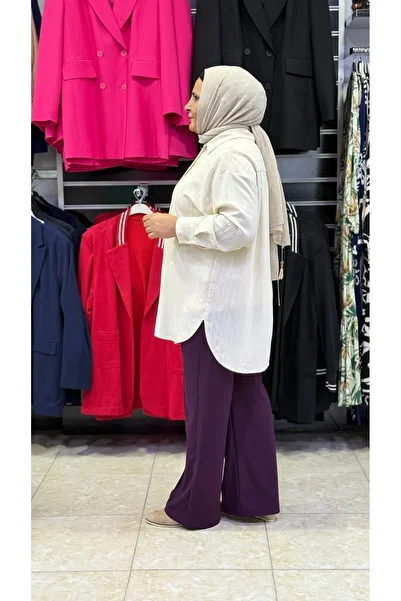 Sevda Kılınç Large Size Striped Crepe Fabric Trousers