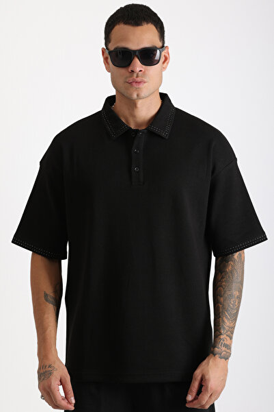 EGHO Double Pique Fabric Loose Fit Men's Polo Neck T-Shirt with Collar and Sleeve Stitching Detail