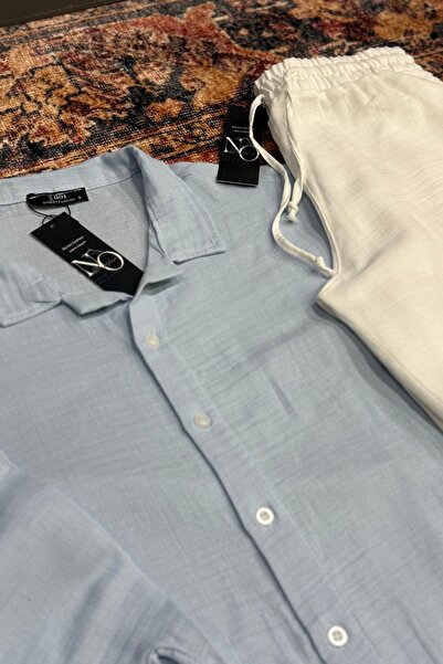 NO 601 Erkek Bebe Mavi Müslin Gömlek & Beyaz Müslin Keten Pantalon Takım