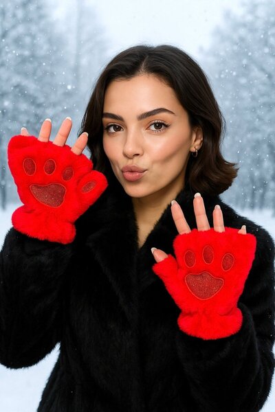 TAKIŞTIR Red Color Paw Figured Plush Gloves