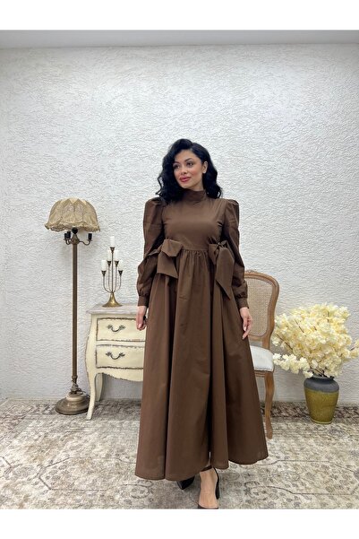 KÜÇÜĞÜM BUTİK Φόρεμα με φιόγκο στο πλάι, μακρύ, φουσκωτό από ποπλίνα, χρώμα χαρτσίνι