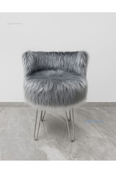 Morfoni Peluş Makyaj Sandalyesi - Gri Renk Peluş Puf 4 Metal Gri Ayaklı