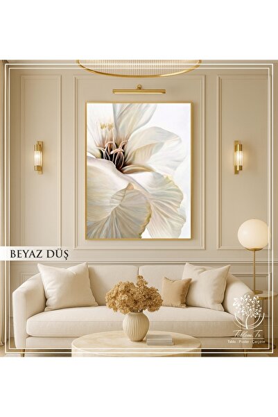 Tablomtr Beyaz Düş - Dijital Baskılı Gold Metal Çerçeveli Gerçek Camlı Tekli Dekoratif Tablo