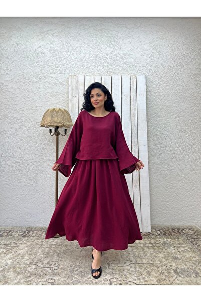 KÜÇÜĞÜM BUTİK Burgundy Muslin Casual Blouse and Flared Skirt Set (Set of 2)