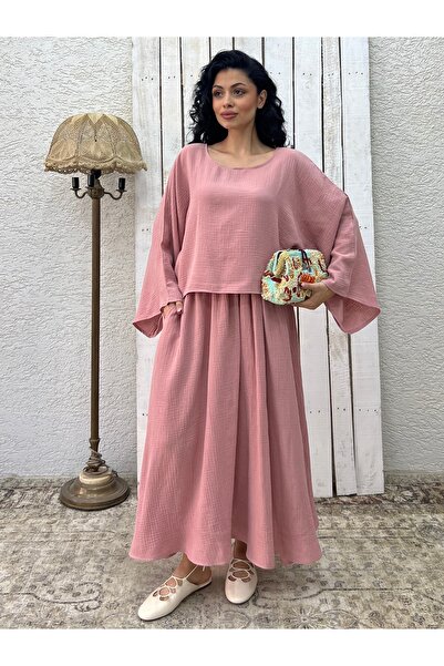 KÜÇÜĞÜM BUTİK Powder Muslin Loose Blouse and Flared Skirt Set (Set of 2)