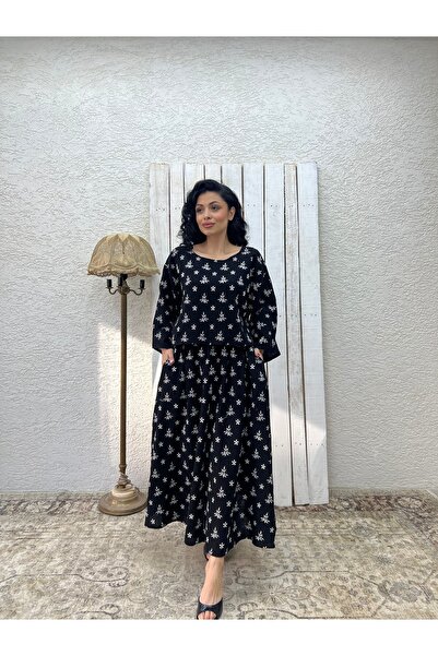KÜÇÜĞÜM BUTİK Black Embroidered Muslin Loose Blouse and Flared Skirt Set (Embroidered 2-Piece Set)