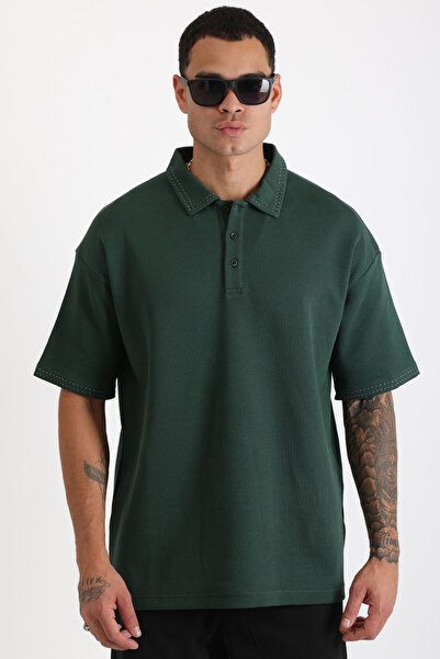 EGHO Double Pique Fabric Loose Fit Men's Polo Neck T-Shirt with Collar and Sleeve Stitching Detail