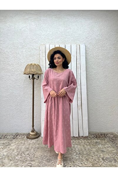 KÜÇÜĞÜM BUTİK Dusty Rose Embroidered Muslin Loose Blouse and Flared Skirt Set (2 Piece Set with Embroidered)