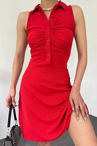 WOMAN VISION Women's Shirt Collar Ottoman Design Stretchy Fabric Sleeveless Red Dress 5060
