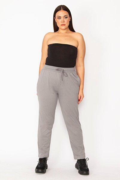 Şans Women's Large Size Gray Elastic Waist and Eyelet Sliding Detailed Pocket Sports Trousers 65n29152