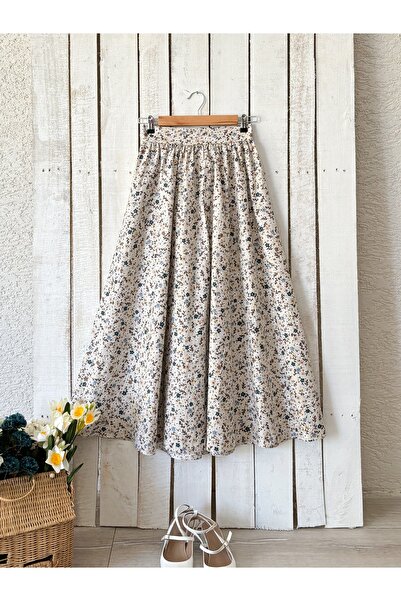 KÜÇÜĞÜM BUTİK Gray-Brown Floral Poplin Mother's Skirt and Girl's Dress Combination (Sold as Single)
