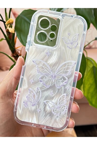 Fibaks Redmi Note 12 4g Case Plug-In Camera Protected Glossy Hologram Butterfly Pattern Shock Absorbing Silicone
