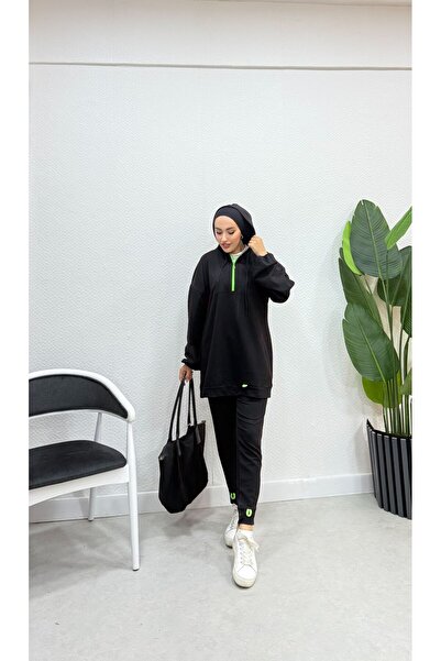 BURCU TESETTÜR Φόρμα νέον με κουκούλα με φερμουάρ TRN2040-1 Μαύρο