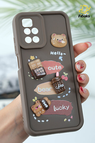 Fibaks Redmi 10 2022 Kılıf Tasarımlı Desenli Kamera Korumalı Ayıcık Kahve Renkli Yumuşak Silikon Kapak