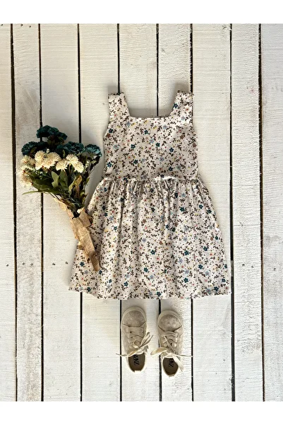 KÜÇÜĞÜM BUTİK Gray-Brown Floral Poplin Mother's Skirt and Girl's Dress Combination (Sold as Single)