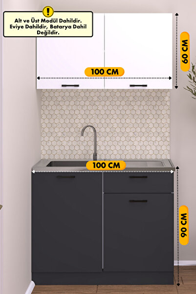 Fly Mobilya 100 Cm Emıly Mutfak Evyeli Mini Mutfak Alt Üst Takım