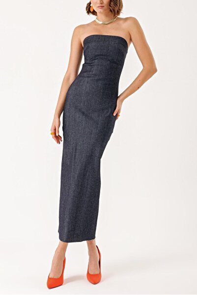 SOCIETA Lacivert Straplez vücuda oturan uzun elbise 94385