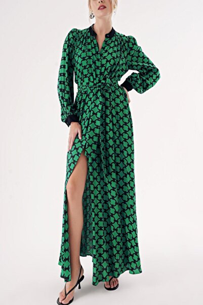 SOCIETA Yeşil Desenli bol kesim gömlek elbise 94527