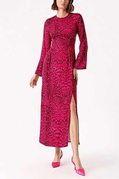 SOCIETA Leopard-Mor Uzun vücuda oturan yırtmaç detaylı elbise 94379
