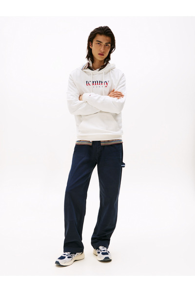 Tommy Hilfiger Erkek Marka Logolu Kapüşonlu Şık Görünüşlü Beyaz Sweatshirt DM0DM22113 YBL