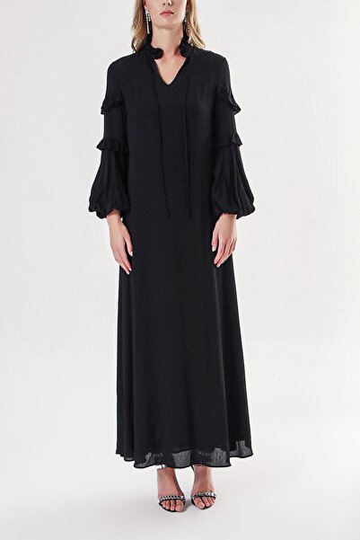 SOCIETA Black Long Dress with Gathered Neckline and Sleeves 94127