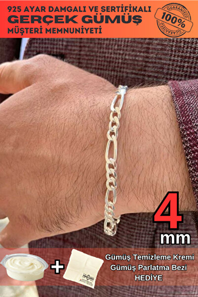 OSMANLI GÜMÜŞ 4mm Figaro Model 925 Ayar Gümüş Erkek Bileklik Künye 253882842
