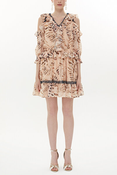 SOCIETA Bej Omuzu dekolte mini elbise 93139