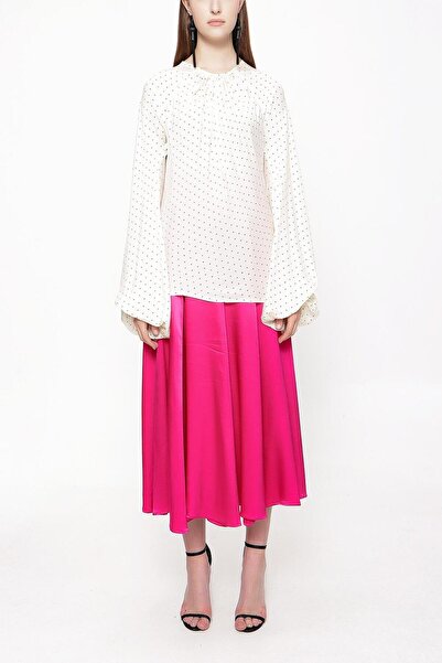 SOCIETA Beyaz Siyah Kolları büzgülü bluz 19833