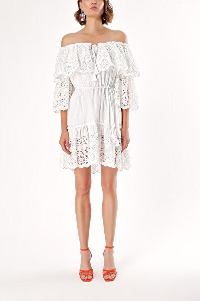 SOCIETA Beyaz Düşük Omuz Brodeli Elbise 92726