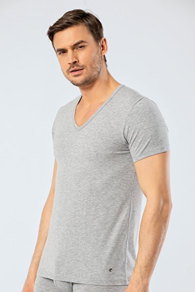 Cacharel 1306 Gray Melange Men's V-Neck Short Sleeve T-shirt