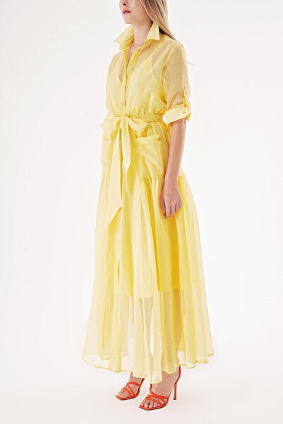 SOCIETA Yellow Elastic Waist Long Shirt Dress 94498