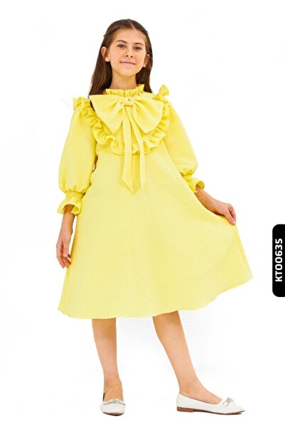 Belladonna Bohçalı Büzgü Kollu Fular Yakalı Merserizeli Kız Çocuk Elbise 4-12...