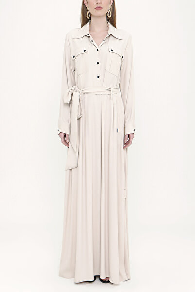 SOCIETA Bej Çıt çıt detaylı uzun elbise 93450