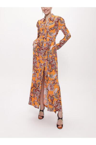 SOCIETA Turuncu Kolları büzgülü gömlek elbise 94170