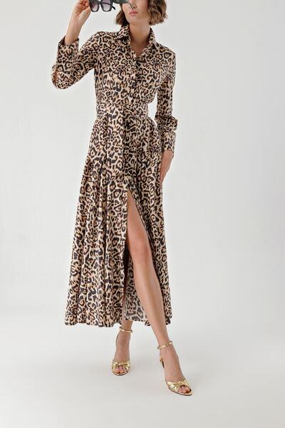 SOCIETA Leopar Büzgülü uzun gömlek elbise 94319